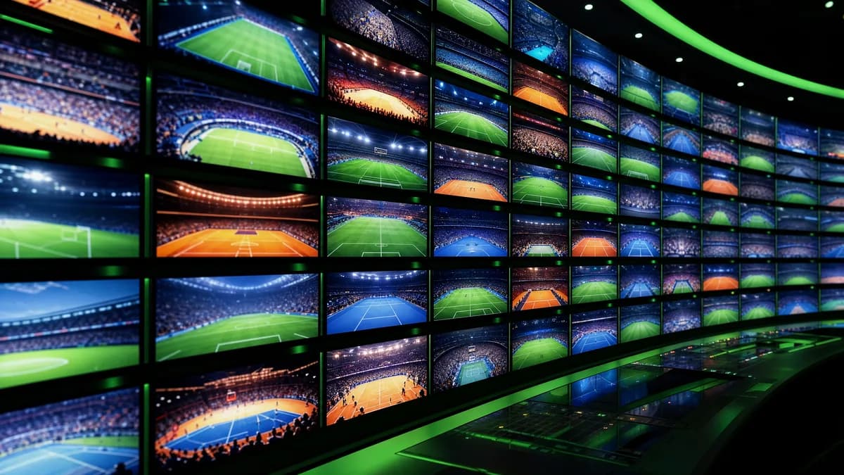 Mur d’écrans de télévision diffusant différents sports dans une salle de contrôle sombre