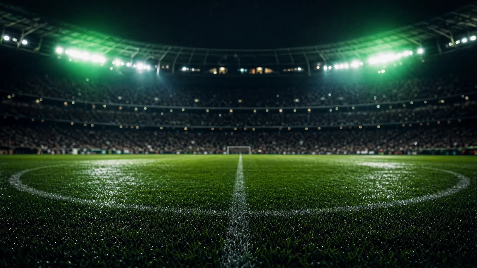 Stade de football illuminé de nuit, pelouse humide sous les projecteurs avec halo vert néon